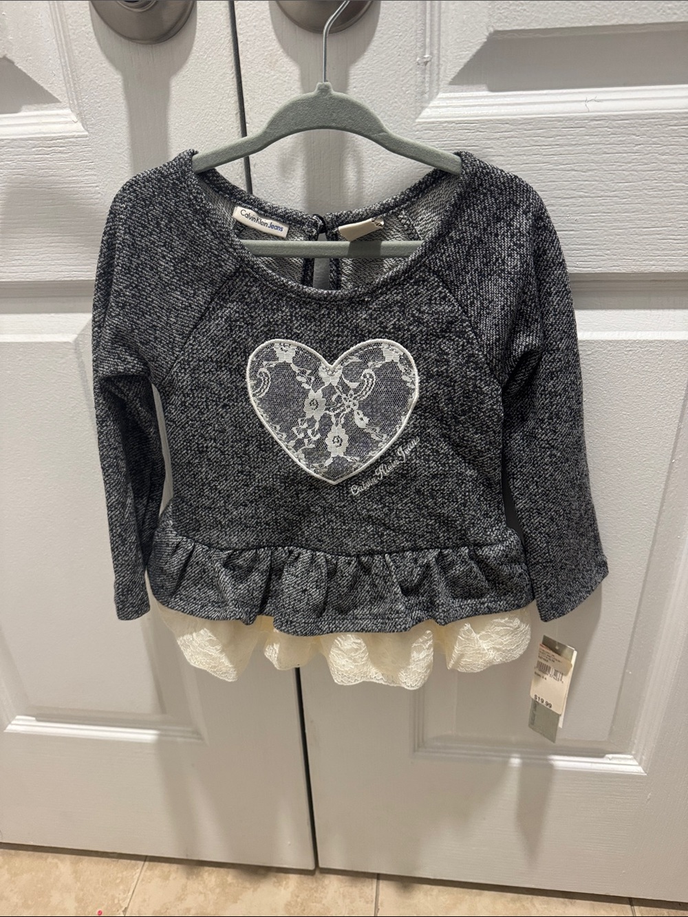 Calvin Klein Gray Knit Heart Peplum Top with Cream Lace Hem